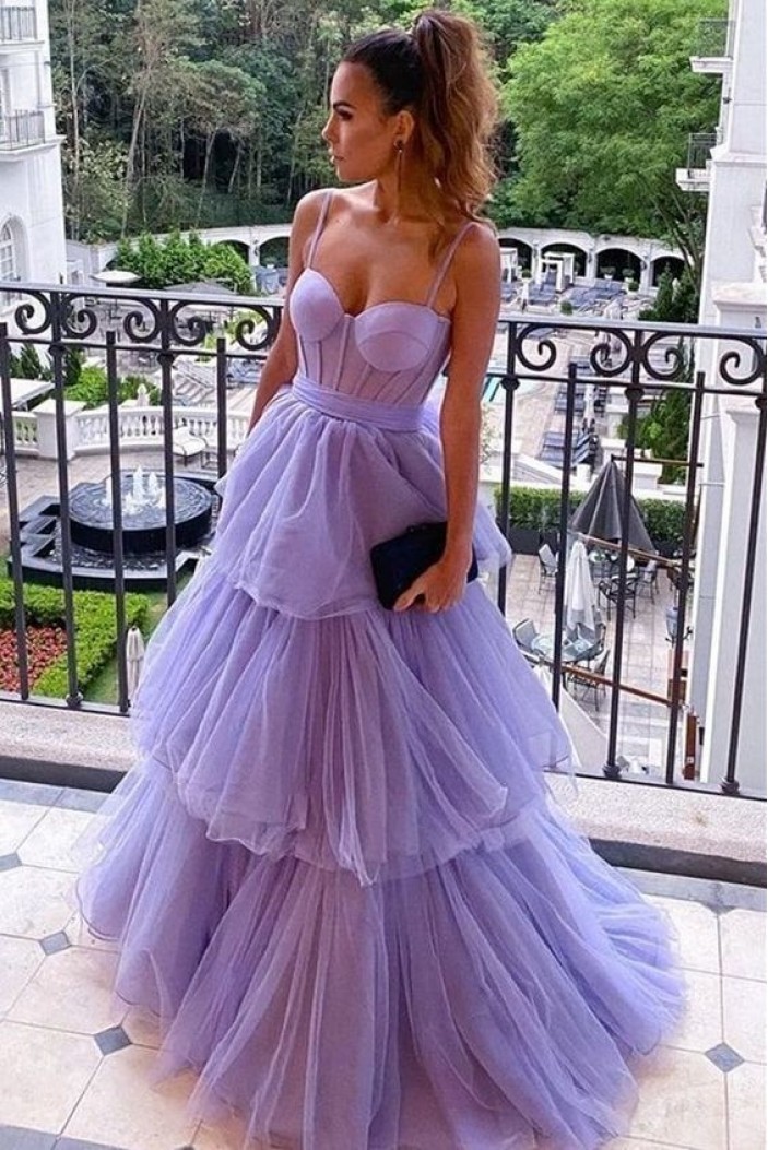 Elegant Lavender Tulle Long Prom Dresses Formal Evening Gowns 901872