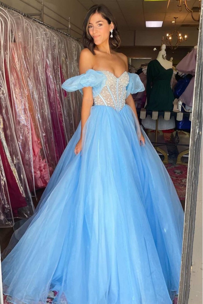 A-Line Beaded Blue Long Prom Dresses Formal Evening Gowns 901876