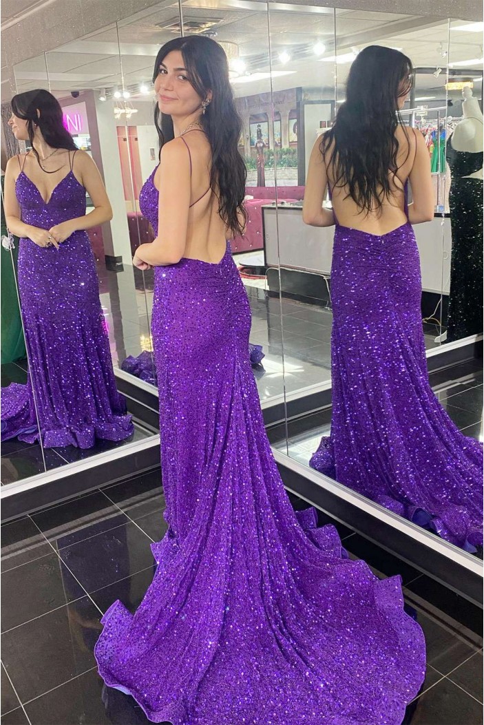 Elegant Backless Purple Sequins Long Prom Dresses Formal Evening Gowns 901878