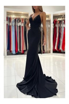 Elegant Black Mermaid V Neck Open Back Long Prom Dresses Formal Evening Dresses 901880