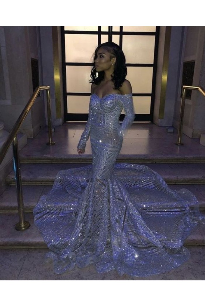 Mermaid Off the Shoulder Long Sleeves Sweetheart Sequins Long Prom Dresses Formal Evening Dresses 901884