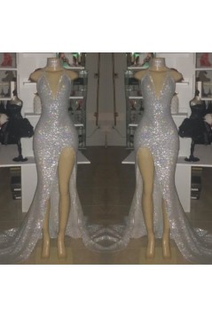 Mermaid Sparkle V Neck Sequins Long Prom Dresses Formal Evening Dresses 901885