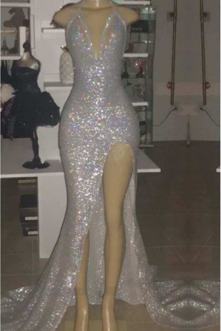 Mermaid Sparkle V Neck Sequins Long Prom Dresses Formal Evening Dresses 901885