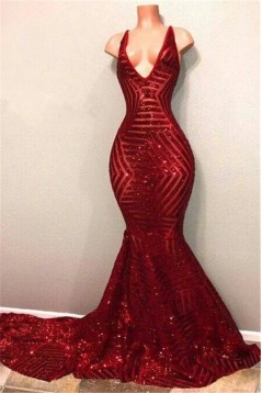 Mermaid Red V Neck Sparkle Sequins Long Prom Dresses Formal Evening Dresses 901888