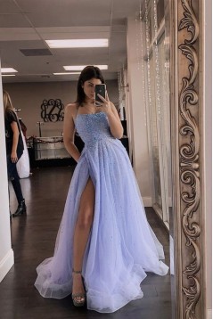 A-Line Beaded Long Tulle Prom Dresses Formal Evening Dresses with Slit 901889