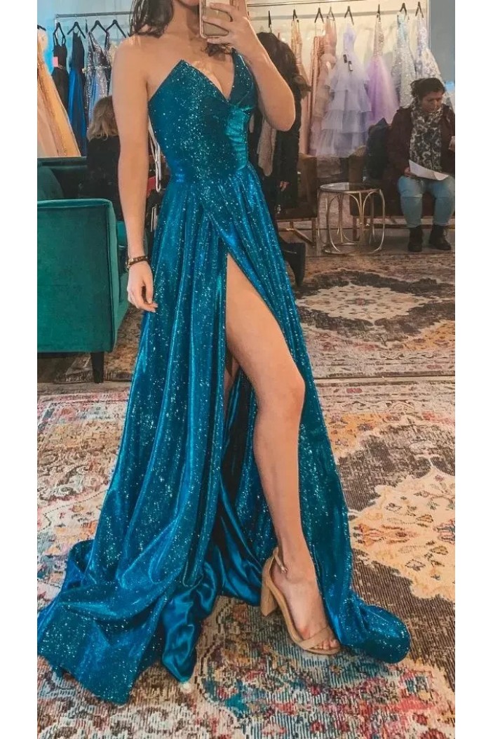 A-Line Blue V Neck Long Prom Dresses Formal Evening Dresses 901890