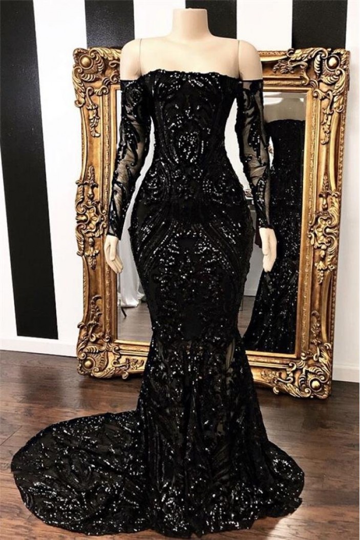 Long Black Mermaid Long Sleeves Prom Dresses Formal Evening Dresses 901892