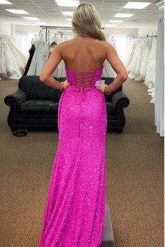 Strapless Sequins Long Prom Dresses Formal Evening Dresses with Slit 901894