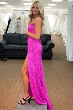 Strapless Sequins Long Prom Dresses Formal Evening Dresses with Slit 901894