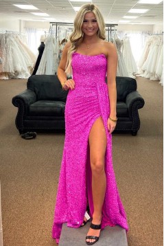 Strapless Sequins Long Prom Dresses Formal Evening Dresses with Slit 901894