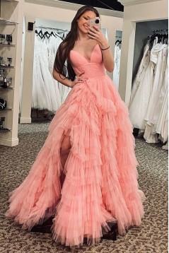 Long Pink Tulle Prom Dresses Formal Evening Dresses 901895