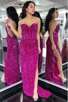 Elegant Sequins Sweetheart Long Prom Dresses Formal Evening Dresses with Slit 901896