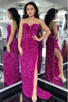 Elegant Sequins Sweetheart Long Prom Dresses Formal Evening Dresses with Slit 901896