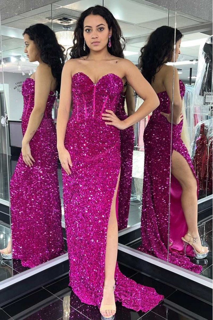 Elegant Sequins Sweetheart Long Prom Dresses Formal Evening Dresses with Slit 901896