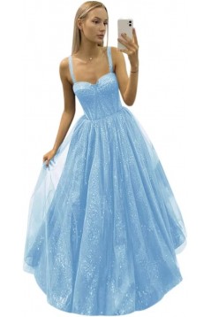 A-Line Sparkle Sweetheart Tulle Backless Long Prom Dresses Formal Evening Dresses 901899