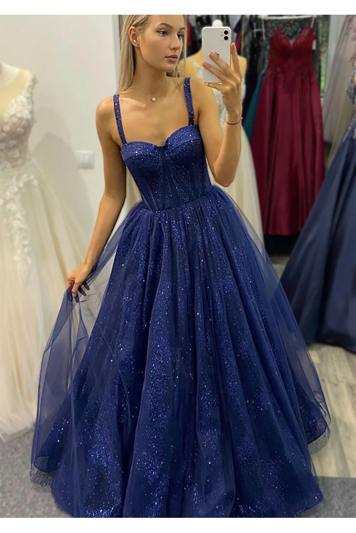 A-Line Sparkle Sweetheart Tulle Backless Long Prom Dresses Formal Evening Dresses 901899