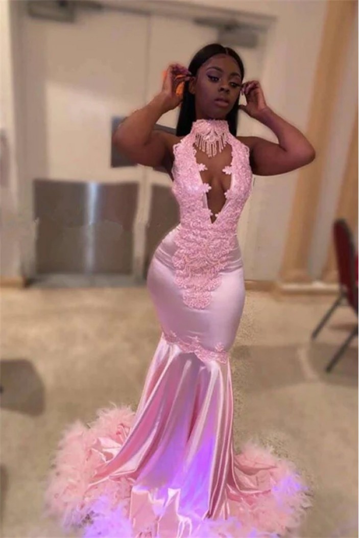 Mermaid Pink Lace Long Prom Dresses Formal Evening Dresses 901900