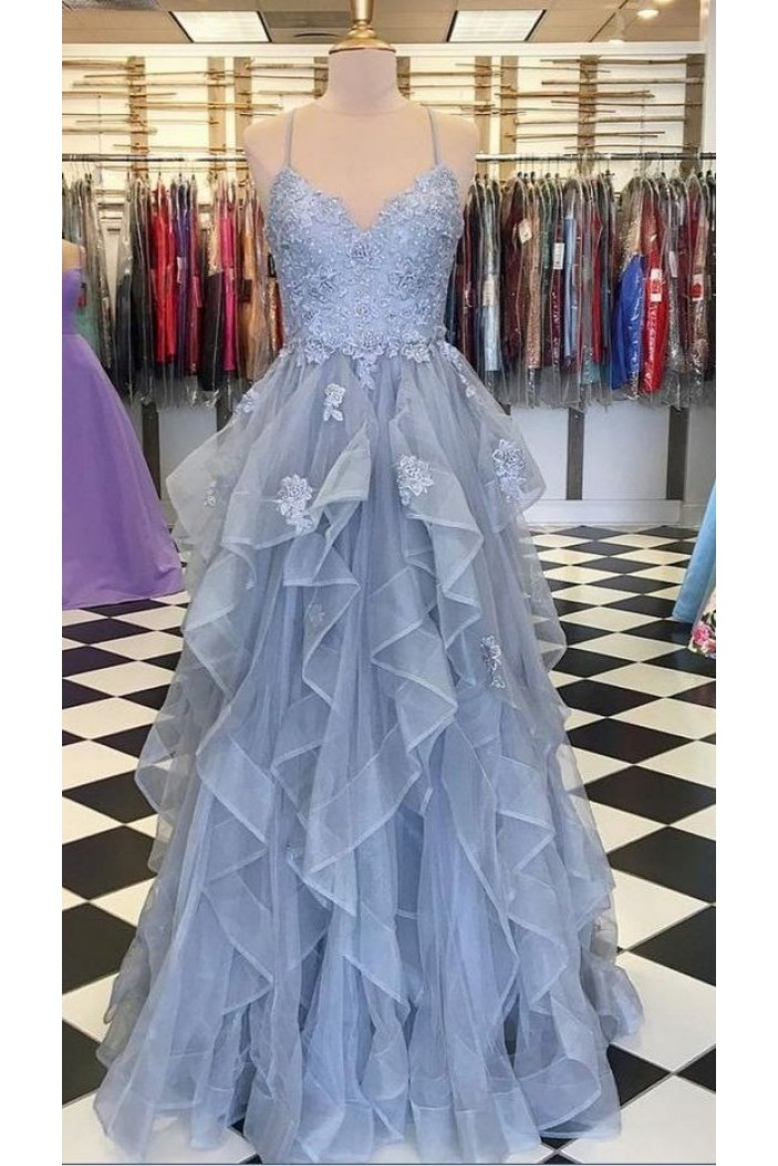 A-line Spaghetti Straps Blue Lace and Tulle Long Prom Dresses Formal Evening Dresses 901902