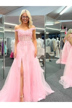 A-Line Pink Lace Long Prom Dresses Formal Evening Dresses 901904