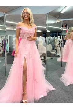 A-Line Pink Lace Long Prom Dresses Formal Evening Dresses 901904