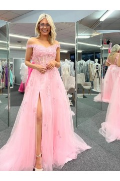 A-Line Pink Lace Long Prom Dresses Formal Evening Dresses 901904