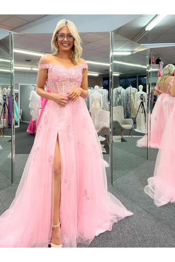 A-Line Pink Lace Long Prom Dresses Formal Evening Dresses 901904