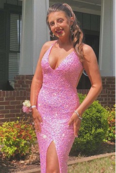 Long Pink Sequins V Neck Mermaid Prom Dresses Formal Evening Dresses with Slit 901906