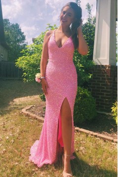 Long Pink Sequins V Neck Mermaid Prom Dresses Formal Evening Dresses with Slit 901906