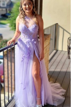 Long Purple One Shoulder Tulle and Lace Prom Dresses Formal Evening Dresses 901911