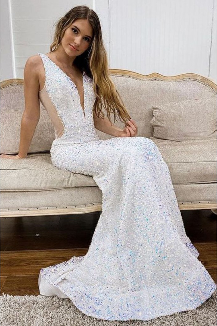Mermaid Backless Sequins Long Prom Dresses Formal Evening Dresses 901914