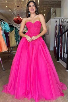 A-Line Long Pink Lace and Tulle Prom Dresses Formal Evening Dresses 901920