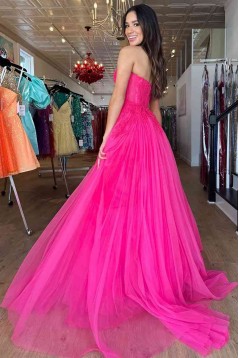 A-Line Long Pink Lace and Tulle Prom Dresses Formal Evening Dresses 901920