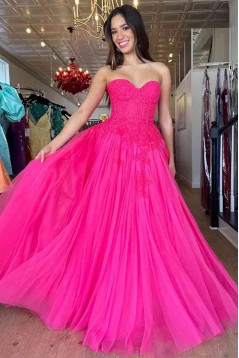 A-Line Long Pink Lace and Tulle Prom Dresses Formal Evening Dresses 901920