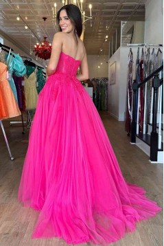 A-Line Long Pink Lace and Tulle Prom Dresses Formal Evening Dresses 901920