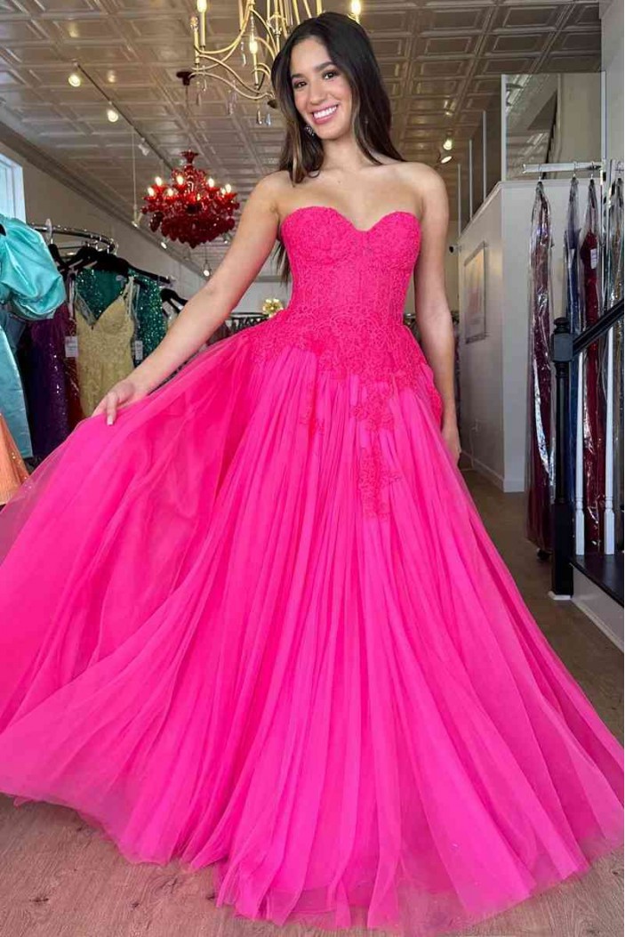 A-Line Long Pink Lace and Tulle Prom Dresses Formal Evening Dresses 901920