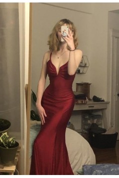 Mermaid V Neck Burgundy Long Prom Dresses Formal Evening Dresses 901921