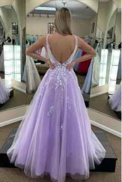 A-Line Lace and Tulle Lilac Long Prom Dresses Formal Evening Dresses 901922