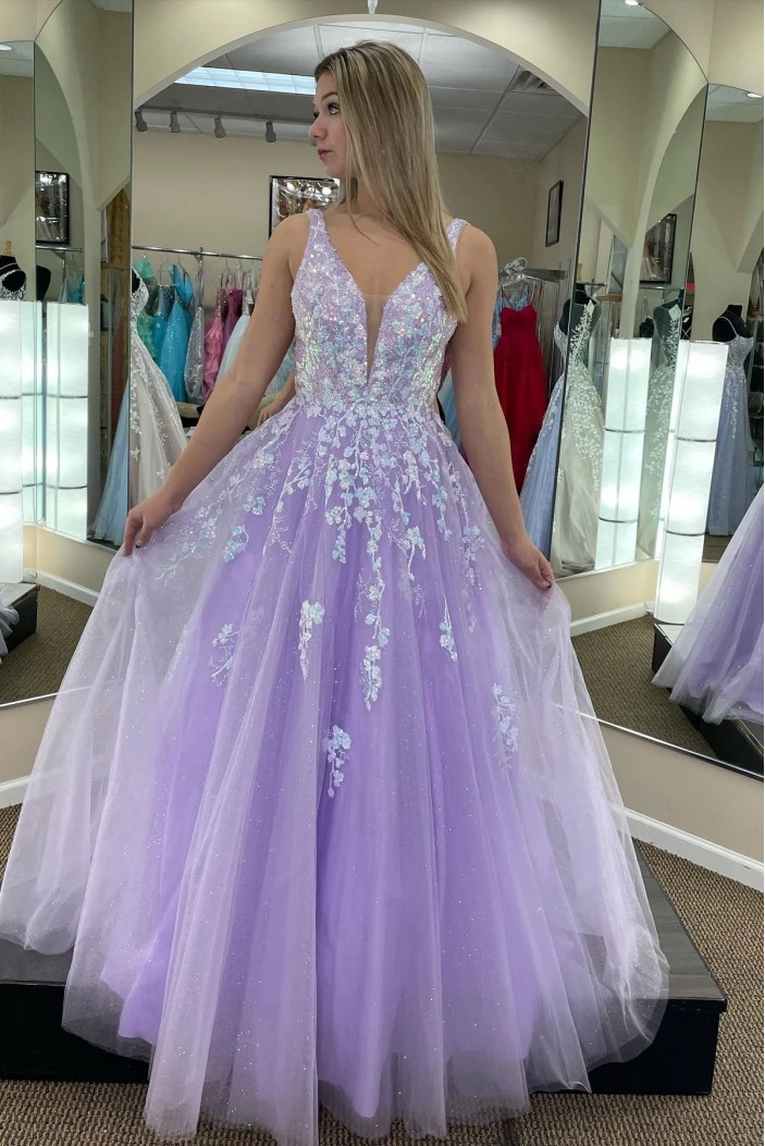 A-Line Lace and Tulle Lilac Long Prom Dresses Formal Evening Dresses 901922