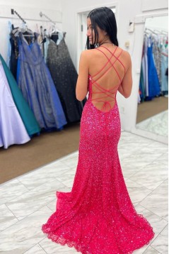 Elegant Fuchsia Mermaid Sequins Long Prom Dresses Formal Evening Dresses 901923