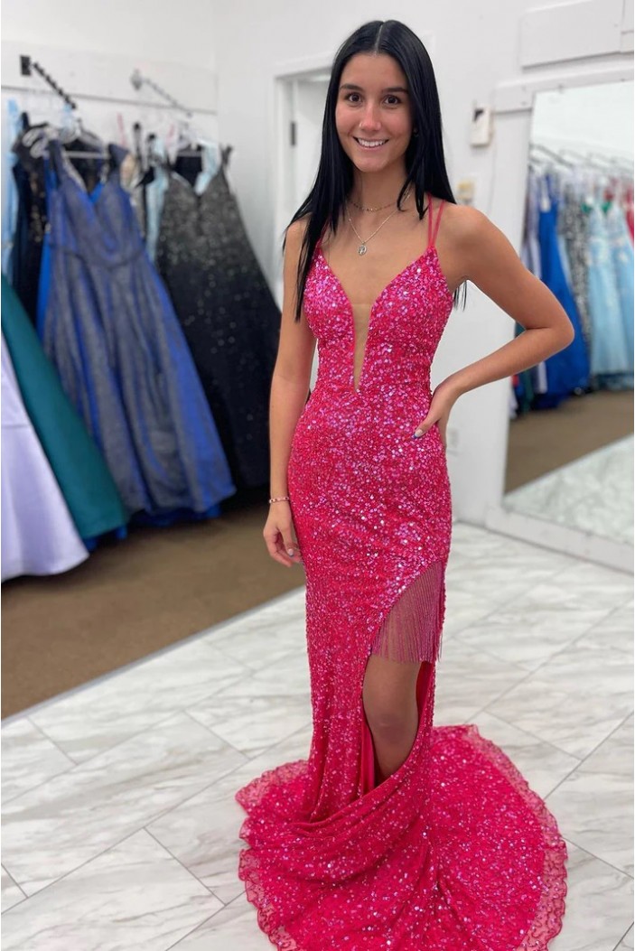 Elegant Fuchsia Mermaid Sequins Long Prom Dresses Formal Evening Dresses 901923