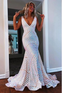 Long Blue Mermaid V Neck Sequins Prom Dresses Formal Evening Dresses 901924