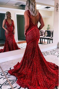 Long Blue Mermaid V Neck Sequins Prom Dresses Formal Evening Dresses 901924