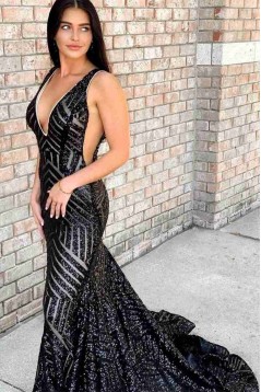 Long Blue Mermaid V Neck Sequins Prom Dresses Formal Evening Dresses 901924