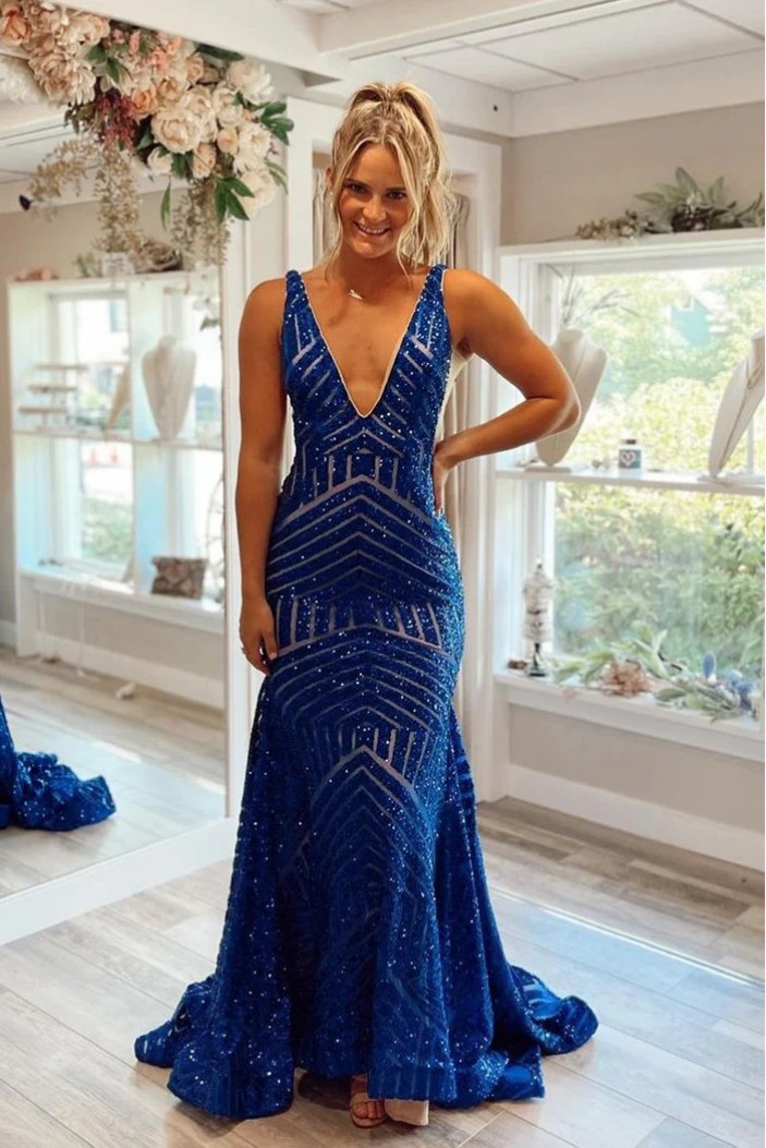 Long Blue Mermaid V Neck Sequins Prom Dresses Formal Evening Dresses 901924