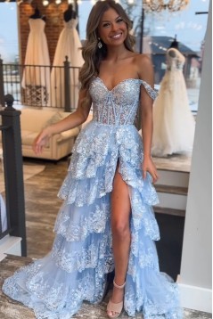 Light Blue Lace Tiered Tulle Long Prom Dresses Formal Evening Dresses with High Slit 901925