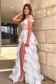 Light Blue Lace Tiered Tulle Long Prom Dresses Formal Evening Dresses with High Slit 901925