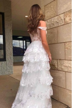 Light Blue Lace Tiered Tulle Long Prom Dresses Formal Evening Dresses with High Slit 901925