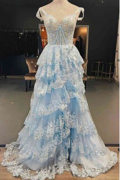 Light Blue Lace Tiered Tulle Long Prom Dresses Formal Evening Dresses with High Slit 901925