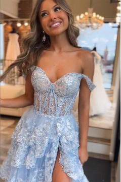 Light Blue Lace Tiered Tulle Long Prom Dresses Formal Evening Dresses with High Slit 901925