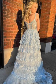 Light Blue Lace Tiered Tulle Long Prom Dresses Formal Evening Dresses with High Slit 901925